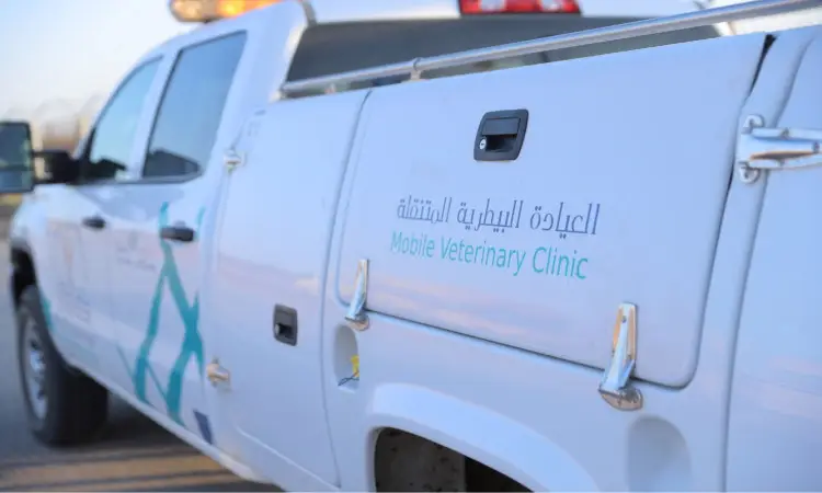 The truck carries slogans in Arabic and English on its side, indicating the "Mobile Insurance Clinic", modern equipment and veterinary services affiliated with Qassim University. The work team in the field is equipped with a Saudi bisht with a ghutra and headband or shemagh, and adheres to the appropriate official appearance while providing services in the camel fields within the events of Janadriyah 33.