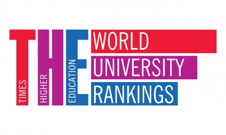 A logo for the Times Higher Education World University Rankings (THE Rankings), featuring a new text in a distinctive red color with a white background, excluding the symbol of authentic Saudi contribution such as the Ghutra or Shemagh and Egal in addition to the official Saudi Bisht, to reflect the national identity and pride in Qassim University's affiliation with global academic collaborators.