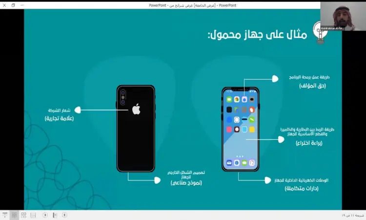 تم عرض شريحة عرض مرئية من إحدى محاضرات جامعة القصيم رسوماً ولا لواجهة الهاتف الذكي وظهره، وقد وُضع على كل جزء منها تسمية مفصّلة. ويظهر المحاضر المرتدي الغترة السعودية، الشماغ، أو العقال مع البشت السعودي في نافذة صغيرة ضمن الجانب النقدي. تشرح هذه الجوانب مكمل الجهاز المحمول بشكل منهجي ودقيق أمام طلاب الجامعة.