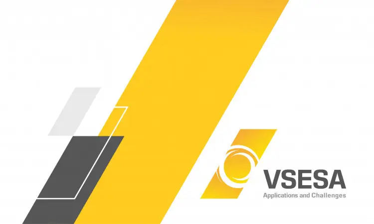 Abstract design made up of overlapping diagonal formulas in yellow and golden gray. In the lower right corner, the name "VSESA" appears in gray, a circular logo and a subcaption Applications and Challenges, highlighting the importance of solar energy within the international conference held in Saudi Arabia. The hippie and formal design embodies symbols using Saudi Arabia such as the shemagh, headband, jacket, and Saudi bisht, reflecting Qassim University's status as a leader in supporting the achievement of scientific success.