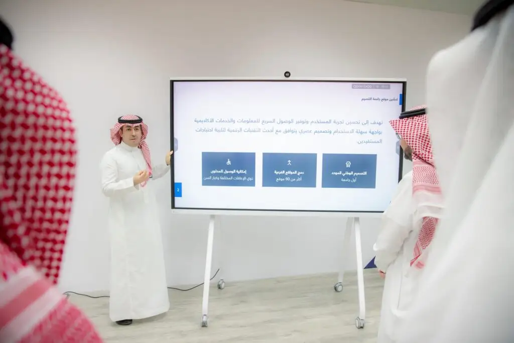 يقوم رجل ويرتدي الغترة السعودية مع العقال والبشت السعودي يقدم عرض حول التصميم الجديد للموقع الإلكتروني، وذلك أمام مجموعة من الحاضرين الذين يحتفلون بالشماغ والعقال في قاعة العروسين باللون الأبيض في القصيم. ونعرض على الشاشة الرقمية النصوص الكبيرة باللغة العربية ونختار تفاصيل المشروع.