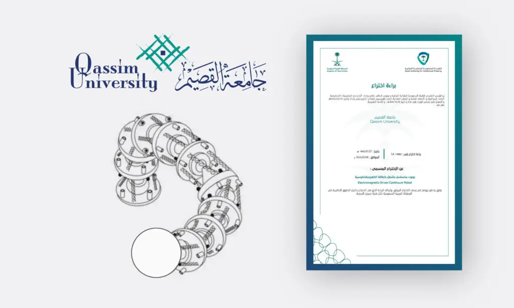 The Qassim University certificate is characterized by its combination of Arabic and English text, official university logos, and an elegant blue frame. On the left side of the certificate, the venerable Qassim University logo appears alongside a sophisticated mechanical drawing of interconnected tubes and gears, symbolizing robotic innovation. The overall design reflects Saudi authenticity, inspired by the formality of the Saudi dress code, the white tunic, aqal, and Saudi bisht, while honoring the university's commitment to excellence and tradition.