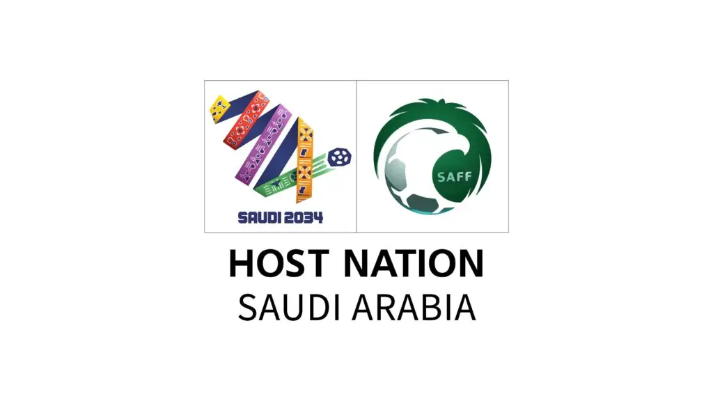 شعاران فريقان الفرقان: الأول يمثل كأس العالم FIFA 2034 مصمم هندسي ملون وكرة، ويستفيد من الاتحاد السعودي لكرة القدم. ويظهر أسفل الشعارين نص رسمي باللغتين العربية والإنجليزية: كأس العالم 2034 – المملكة العربية السعودية Host Nation. *ملاحظة: صورة الشعارات قد تختلف حسب الهوية المحلية مثل الشماغ أو الغترة السعودية.*.
