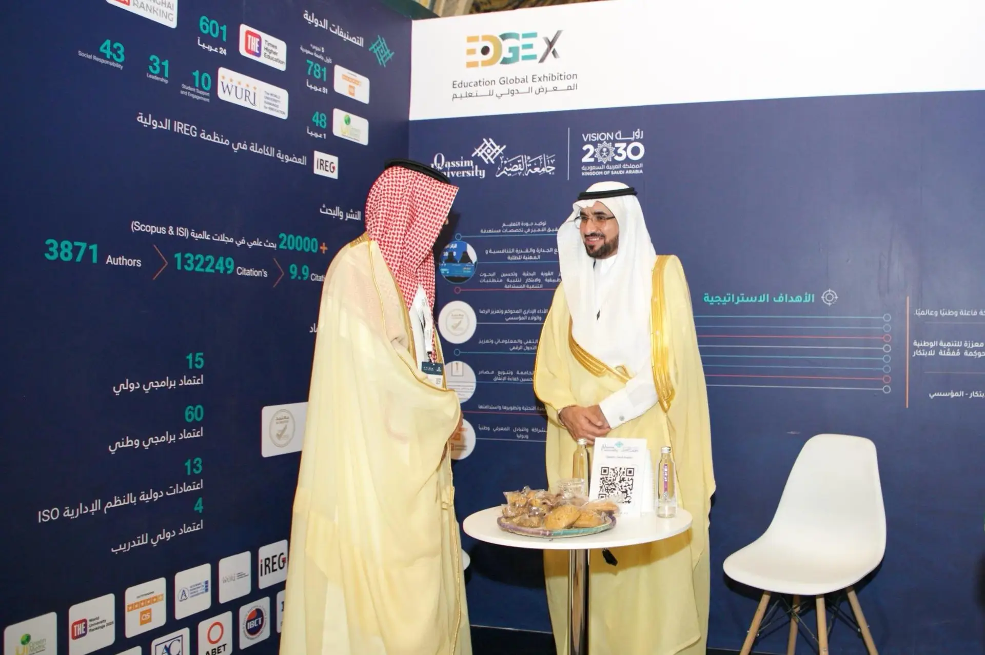 Two men dressed in Saudi Arabian ghutra, shammaa, aqal and bashta next to a table with some snacks at the Riyadh City Fair exhibition. It displays electric car parts and Qassim University logos, with a blue background labeled "International Education Exhibition."