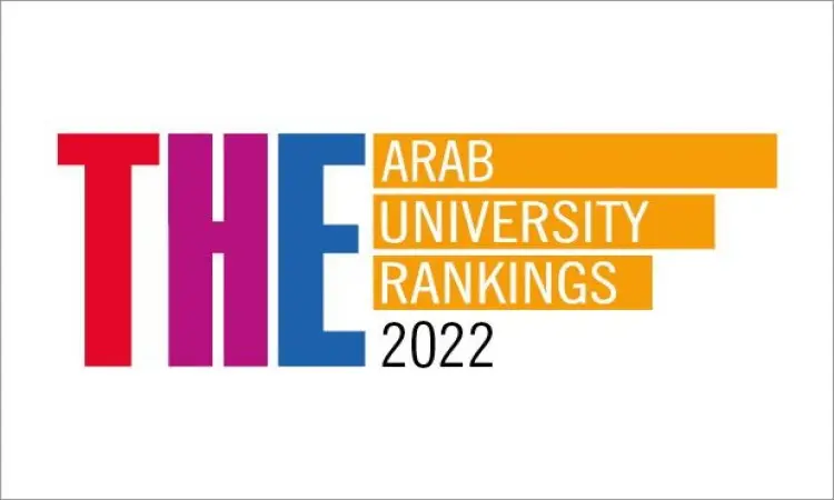The Times Arab Universities Rankings 2022 logo: The logo features a large, wide, red and purple, authoritative logo, centered on the identity of the rankings. To the right of the letters, "Arab Universities 2022" is written in white on raised bars. The bay frames the Saudi identity through a symbolic depiction of a Saudi jatra or shemagh, highlighting the design of a Saudi aqal and besht to formalize the University of Qassim's academic credentials.