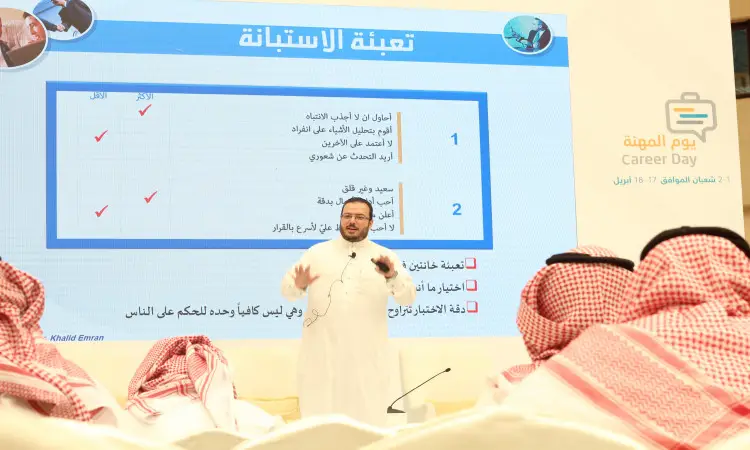 الماسك مرتدياً غترة سعودية وقالاً وبشتاً سعودياً أمام شاشة كبيرة تعرضها عرضاً تقديمياً باللغة العربية، مخاطباً زائر يوم المهنة من جامعة القصيم الذين تزكر الشماغ والعقال والزي التقليدي السعودي، وذلك ضمن فعاليات مدة مهنة المهنة.