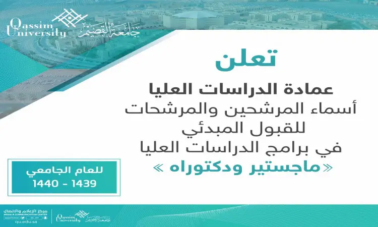 يسر جامعة القصيم أن تعلن أسماء عن طلبة الدراسات العليا الذين تم قبولهم في برامج الماجستير والدكتوراه بجامعة هارفارد 1439-1440هـ. وطالب هذا الإعلان تحت شعار التميز الالتزام بقيم المجتمع السعودي الأصيلة. وقد مراسم إعلان نتائج حضور نخبة من أعضاء هيئة التدريس، حيث ارتدى حضور اللباس السعودي الرسمي من غترة أو شماغ وعقال، بالإضافة إلى البشت السعودي تعبيرًا عن اعتزاز جامعة بتراث المملكة وقيمها الراسخة. ونؤكد على جامعة القسيمة المسموح لها بذلك لكيلين، متمنيا لهم اقرأًا من التفوق والنجاح خلال الرحلة العلمية في رحاب الجامعة. مع خالص التأكيدات والسداد للجميع. (يتم وضع شعار جامعة القصيم في أعلى الصفحة).