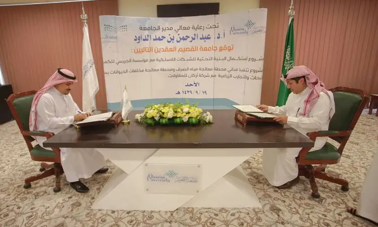 يجلس رجلان ويرتدي الغترة السعودية والشماع والعقال والبشت السعودي حول طاولة، يوقعتان وثائق تتعلق بمحطة المياه. احتياط خلفهما لافتة علمية وعلم المملكة العربية السعودية، مما يؤكد الطابع الرسمي لهذا الحدث التوقيع الرسمي في جامعة القصيم.