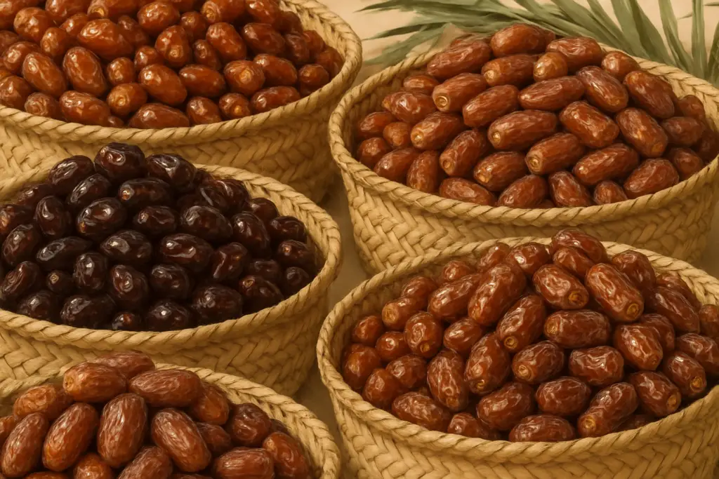 تحتوي على خمسة سلالات منسوجة بعناية، كل منها على أنواع مختلفة من التمور، إلى جانب بعضها البعض في صورة متجانسة. وتبرز في الخلفية سعفة نخيل تشير إلى مصدر هذه التمور—اكتشف منطقة القصيم واختبر تراثها العريق في إنتاج التمور.