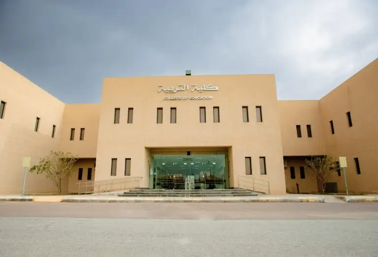 مبنى ذو لون بيج مضغوطة بكلية التربية باللغتين العربية والإنجليزية، وتتميز بوجود أبواب مدخل ونوافذ مستطيلة متعددة، إضافةً إلى ماكات تسهل الوصول لشخص خاص بفيس، وتنسيق بسيط للمساحات الخضراء افتراضية بالمبنى، وذلك تحت السماء يغلب عليها الطابع الغائم.