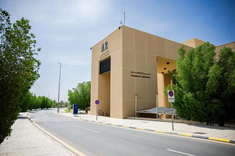 يقف مبنى حديث بلون بلون تان يحمل اللافتة "a2" ولافتة أخرى باسم "كلية الحاسب"، إلى جانب شارع هادئ تصطف الأشطفان على جانبي تحت سماء زرقاء صافية وتوجد في المنطقة القريبة إرشادية تشير أيضاً إلى كلية طب الأسنان.