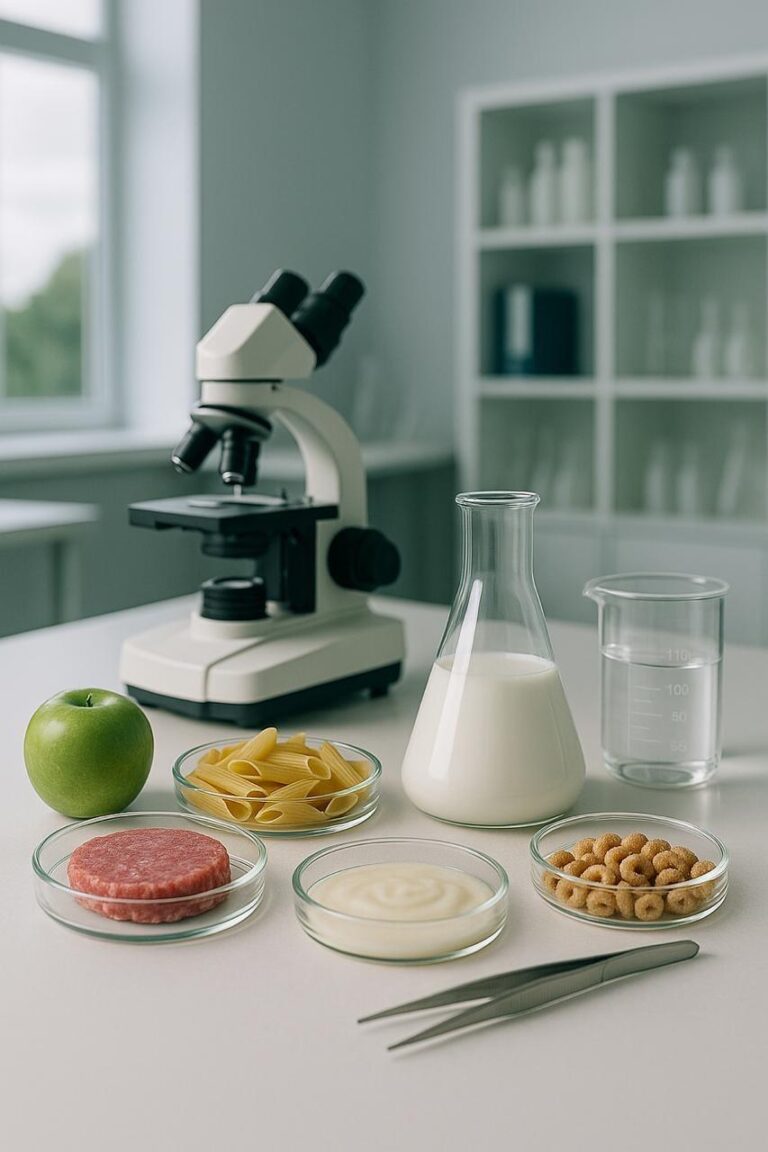 تعرض طاولة معمل معمل في مختبر علوم الأغذية بجامعة القصيم مجموعة من الأدوات والمواد الغذائية تشمل مجهرًا مجهرًا مجهرًا، كأسًا يحتوي على الحليب، تفاحة خض خضراء قطعة لحم برغرغرة، معكرونة غير مطبوخة، طعام، أطفال، حب الإفطار، حب الإفطار، كأس آخر به سائل للاختبار وملقط معدنيًا وتظهر في الخلفية أرفف معدة لترتيب المعدات والمواد العلمية بشكل منتظم.