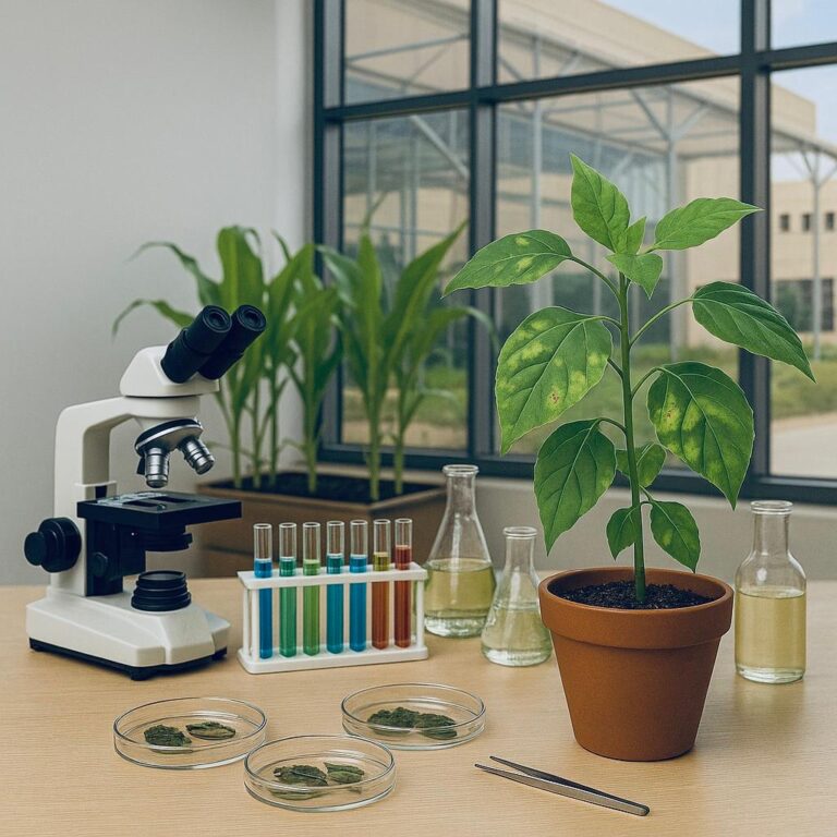 A potted plant, petri dishes, tubes containing colored liquids, a glass jar, and a microscope are displayed on a table in a modern, brightly lit plant protection lab at Qassim University. The lab features large windows overlooking the greenery outside the building.