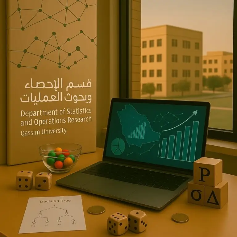 يظهر على مكتب جهاز حاسوب حاسوب محمول يعرض رسوماً رسوماً بيانية تتضمن خريطة، وإلى جانبه كرات ملونة ونردبي وأشكال هندسية، بالإضافة إلى مخطط شجرة اتخاذ القرار توجد لوحة تحمل عبارة "قسم الإحصاء وبحوث العمليات" باللغتين العربية والإنجليزية.