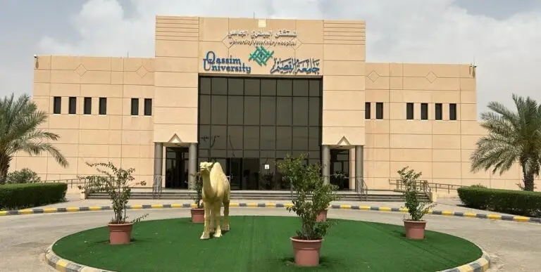 تُبرز الصورة المدخل لجامعة القصيم، حيث يتجلى المبنى ذو اللون الأبيض والزجاج الواسع للأبواب بالقرب من قسم العلوم الإكلينيكية الرئيسي. وتضفي النباتات المزروعة في أوانٍ لمسات جمالية على المكان، بينما تتوسط المساحة المجاورة لون الجمل تمثالًا ذهبيًا على عشب صناعي ذي زاهٍ أخضر وسط النخيل شامخة على الجوانب. ولم يتأخر الزوار عن الثياب التقليدية كالشماغ السعودي، والعقال، إلى جانب البشت السعودي الذي أنتج الطابعة الرسمية والهوية الوطنية الصرح التعليمي العريق.