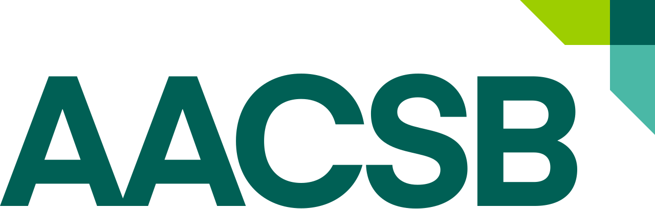 شعار AACSB باللغتين الأخضر والأزرق يرمز لاعتماد كلية الاقتصاد بجامعة القصيم.