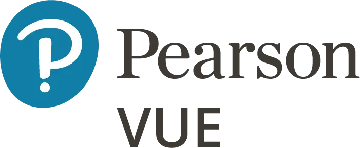The Pearson VUE logo features a blue circle with a white letter in a modern design along with the words "Pearson VUE" in black, embodying excellence in professional certification and trusted by the world's leading course centers.