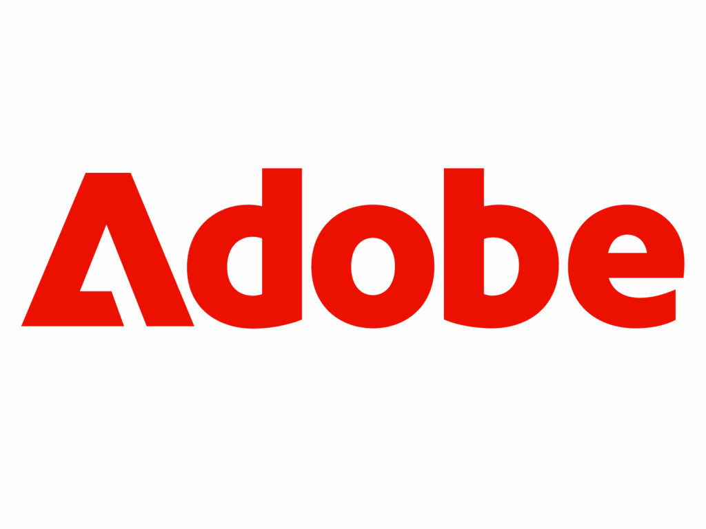 The logo of the image displays the Adobe logo. The name "Adobe" appears in bold red letters on a transparent background and the letter "A" has a modern triangular design, which is well known and widely used in educational materials, professional courses, and training centers.