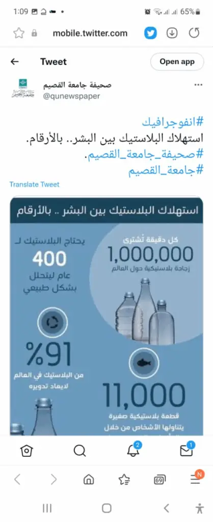 تقرير مصور باللغة العربية حول استهلاك البلاستيك العالمي، يُبرز ارتفاع استهلاك هذه المنتجات، حيث تشير الإحصائيات إلى شراء مليون زجاجة بلاستيكية في كل دقيقة على مستوى العالم، وإنتاج ما يصل إلى 400 مليون طن من البلاستيك، في حين أننا نريد 91% من النفايات البلاستيكية لا يُعاد استهلاكها. وتمثل هذه المؤشرات أساساً في تحقيق النجاح لتحقيق الهدف خمسة عشر هدفاً للتنمية الصغيرة بالحفاظ على النظم البيئية الأقل ووقف تحسينها. ويمكنكم التأكيد على التفهم البيئي بين مختلف شرائح المجتمع الجامعي في جامعة القصيم مع التركيز على الالتزام بالهوية الوطنية عبر الشماغ السعودي أو الغترة السعودية.