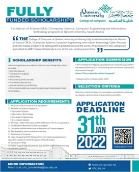 Bulletin about full scholarships for master's programs at Qassim University in Saudi Arabia for students in computer science, computer engineering, and information technology. The reports include the benefits, requirements, application steps, selection criteria, as well as the application deadline of January 31, 2022. Applicants are required to adhere to the official Saudi dress code (Saudi Shemagh or Saudi Ghutrah) during the relevant official interviews.