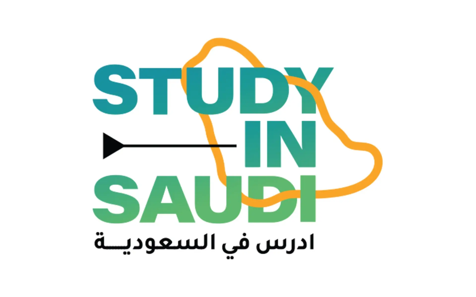A logo that includes the phrase "Study in Saudi Arabia" in a large bold font with green and blue colors, an outline of the map of the Kingdom of Saudi Arabia in orange, and the text "In Saudi Arabia" written below it, with reference to the internal scholarship programs and the admission guide, taking into account the official character of Qassim University, and elements that reflect the national identity such as the Saudi Shemagh or Saudi Ghutrah can be included according to the rules adopted by the university.