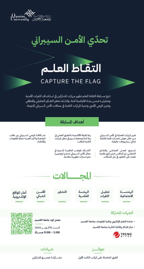ملصق مسابقة الأمن السيبراني بجامعة القصيم يوضح الأهداف وروابط التسجيل والروابط والروابط.