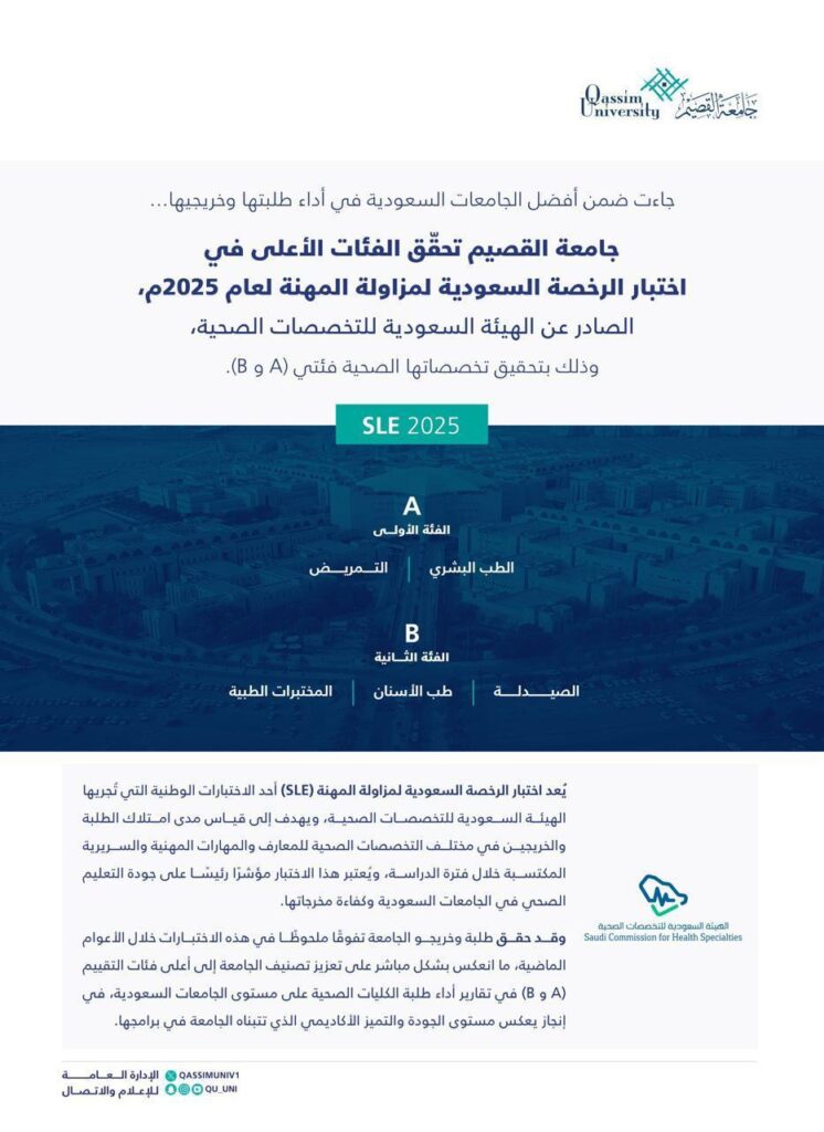 An official announcement from Qassim University congratulating its national excellence in the 2025 career test.